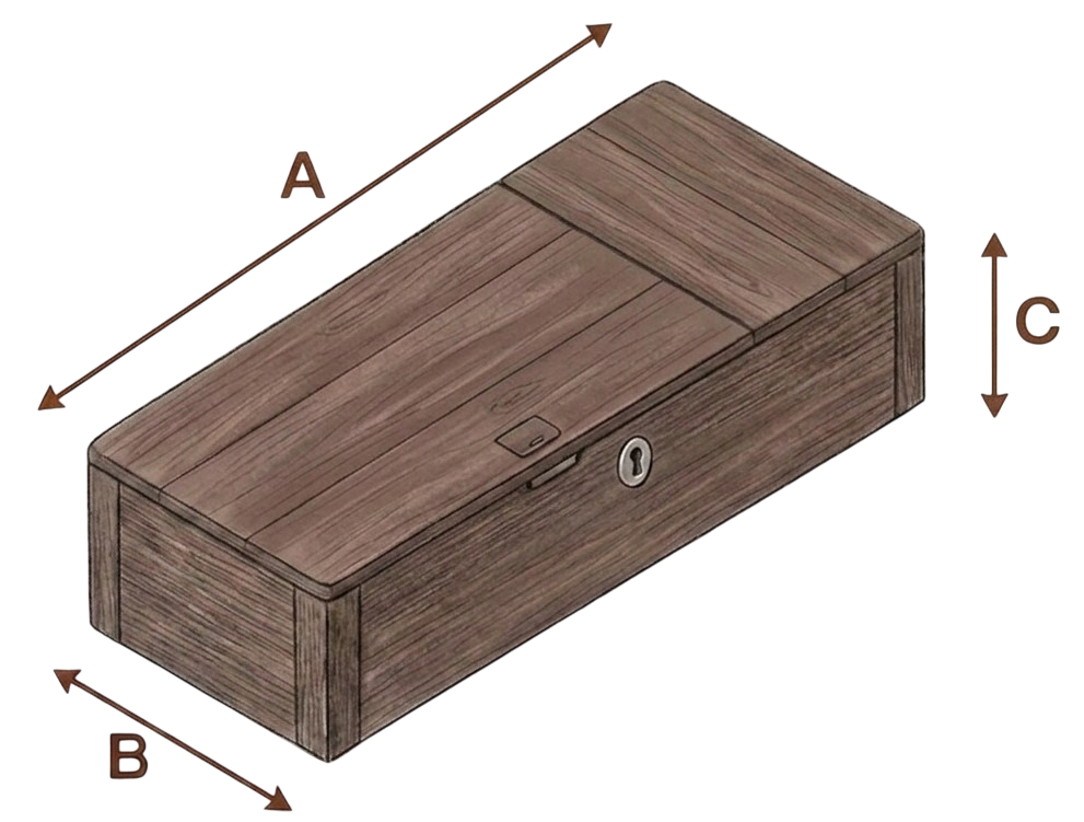 Dėžės matmenys A, B, C