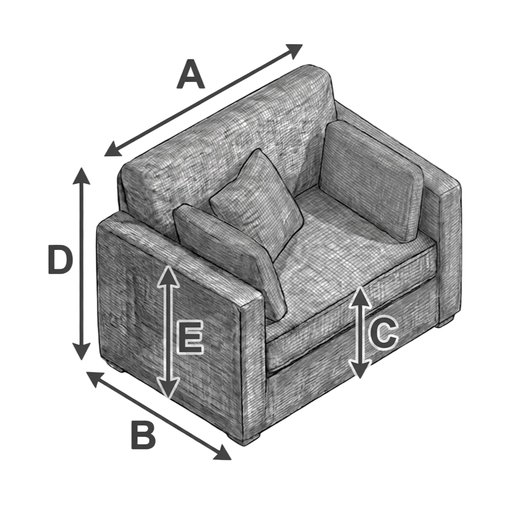 Fotelio matmenys A, B, C, D
