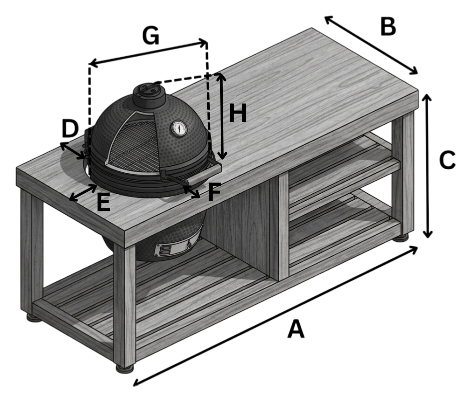 Kamado stalo matmenys A, B, C, D, E, F, G, H